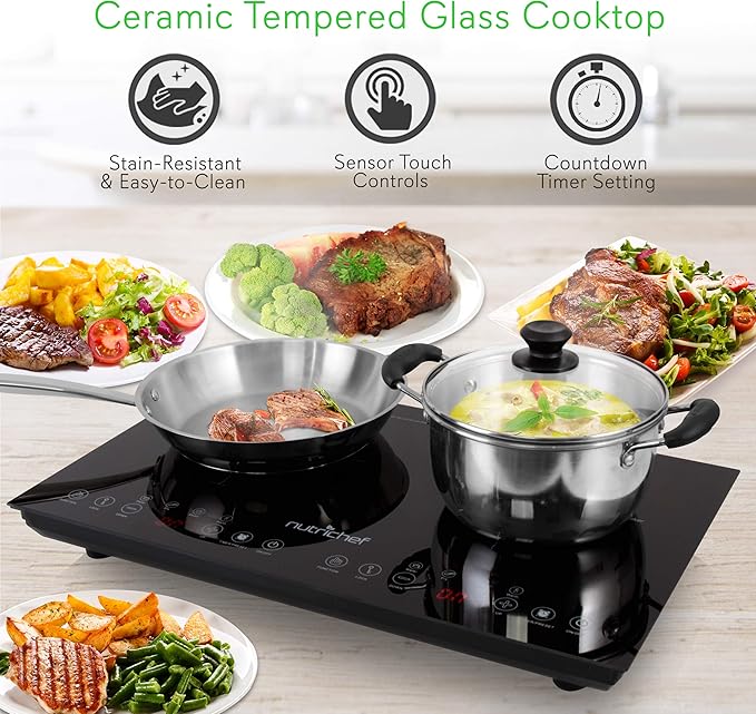 NutriChef Dual 120V Electric Induction Cooker - 1800w Portable Digital Ceramic Countertop Double Burner Cooktop w/ Kids Safety Lock - Works w/ Stainless Steel Pan / Magnetic Cookware