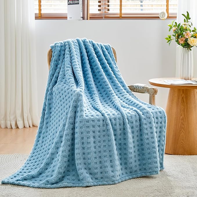 NEWCOSPLAY Super Soft Throw Blanket Blue Premium Silky Flannel Fleece 3D Waffle Checkered Lightweight Bed Blanket All Season Use (Blue, Throw(50"x70"))