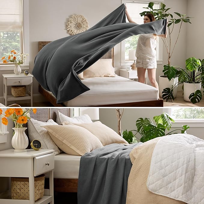 Bedsure 100% Cotton Blanket Queen Size for Bed - Breathable and Lightweight, Soft Cozy Textured Herringbone Woven Blanket for Summer Spring, Dark Grey, 90x90 inches