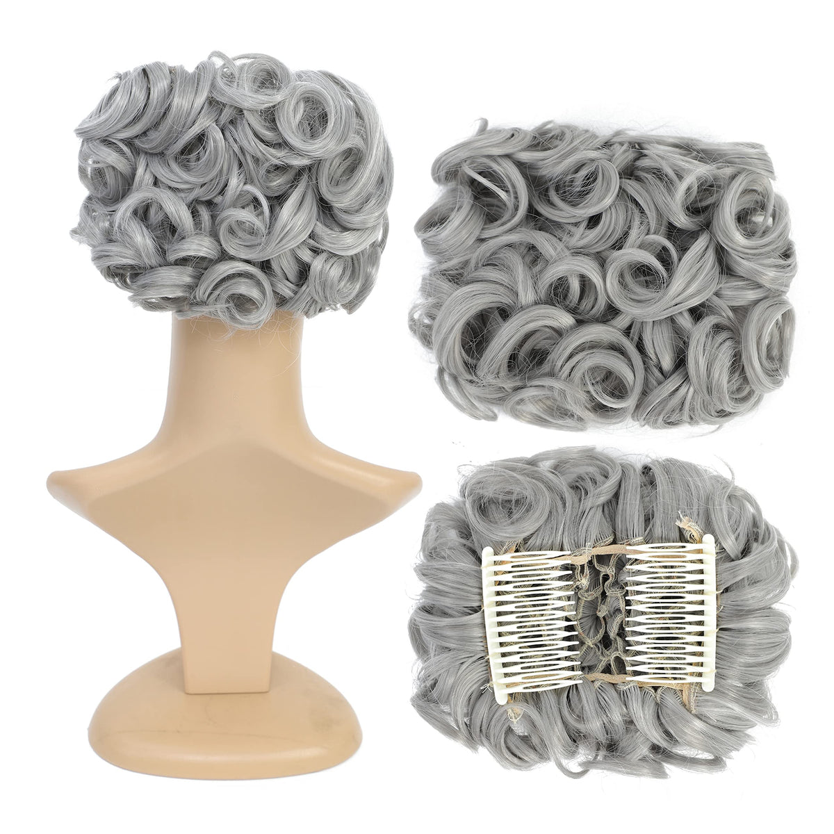 SWACC Short Messy Curly Dish Hair Bun Extension Easy Stretch hair Combs Clip in Ponytail Extension Scrunchie Chignon Tray Ponytail Hairpieces (Silver)