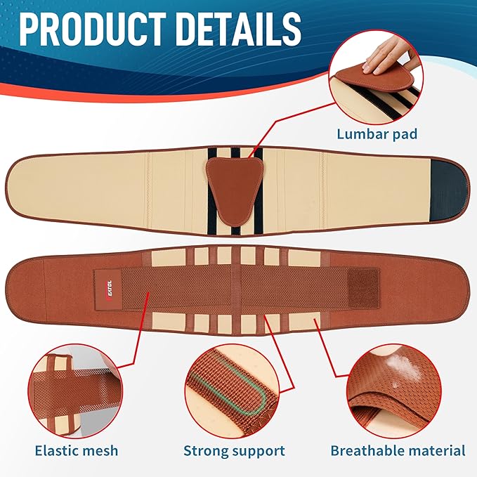 FEATOL Back Brace for Lower Back Pain, Breathable Back Support Belt for Women & Men with Lumbar Pad, Lumbar Support Belt for Heavy Lifting & Work, Scoliosis, Brown, 2XL (Circumference:38.6-51.2")