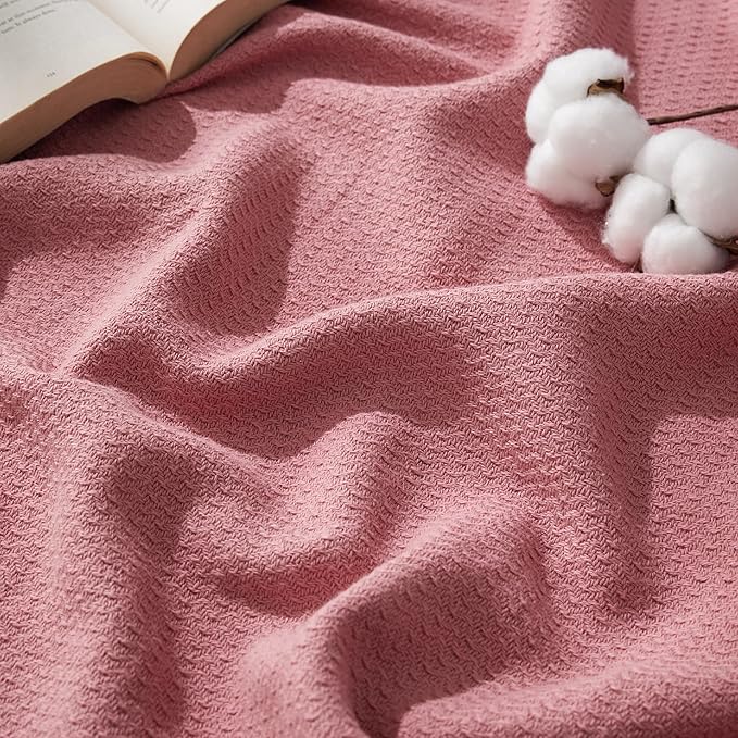 Bedsure 100% Cotton Blanket King Size for Bed - Breathable and Lightweight, Soft Cozy Textured Herringbone Woven Blanket for Summer Spring, Pink, 108x90 inches