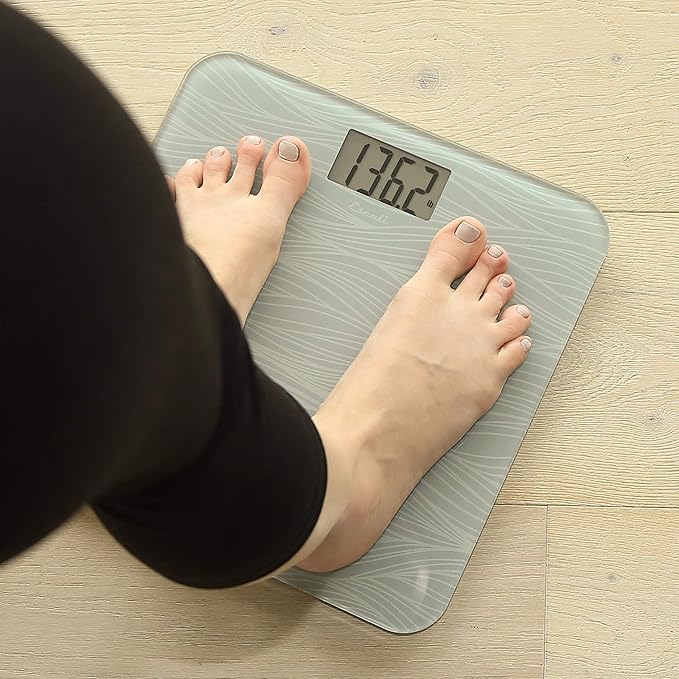 Escali Digital Glass Bath Scale for Body Weight, Bathroom Body Scale, High Capacity of 400 lb, Battery Included, Grey Waves