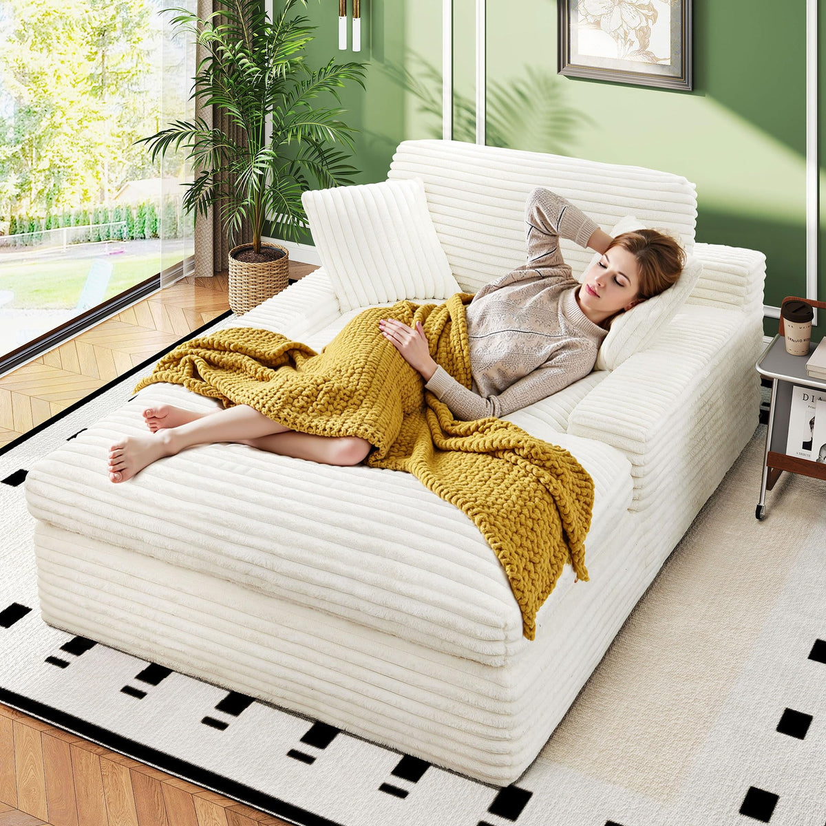 WorthFurni 57.5" Oversized Chaise Lounge Chair Indoor - Upholstered Sofa Bed with Cushions and Armrests Sleeper Chair - Plush Bed for Living Room(White