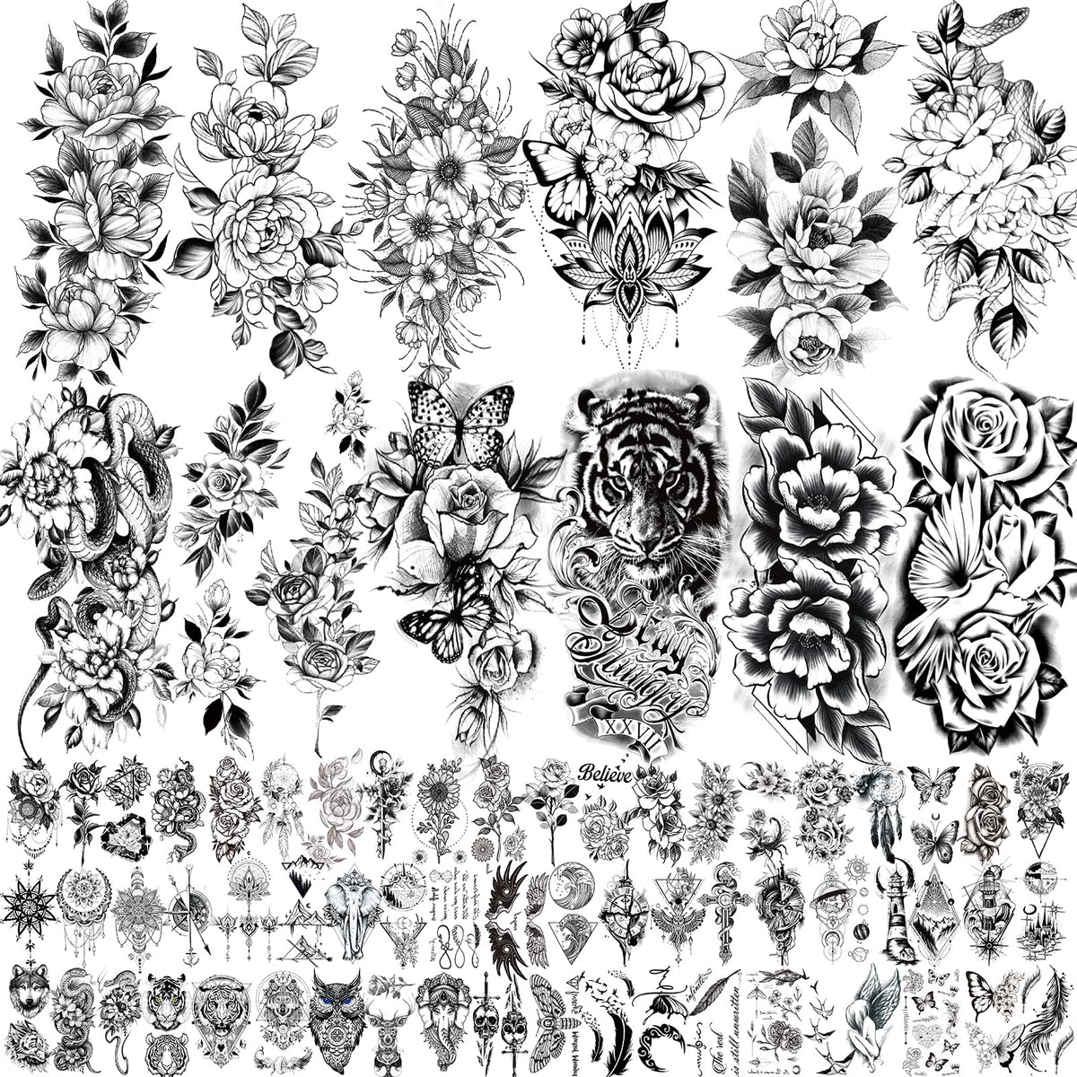 72 Sheets 3D Flowers Temporary Tattoos for Women Adult, Including 12 Sheets Large Fake Tattoos That Look Real and Last Long, Waterproof Rose Moon Butterfly Tiger Snake Tattoos and Flowers Tattoos