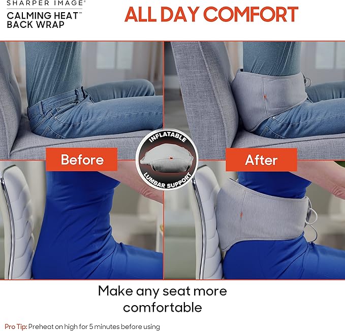 Calming Heat Back Wrap by Sharper Image- Electric Back Heating Pad with Customizable Inflatable Lumbar Support, Soothing Heat, & Massaging Vibrations- 9 Settings 3 Heat, 3 Vibration, 3 Lumbar