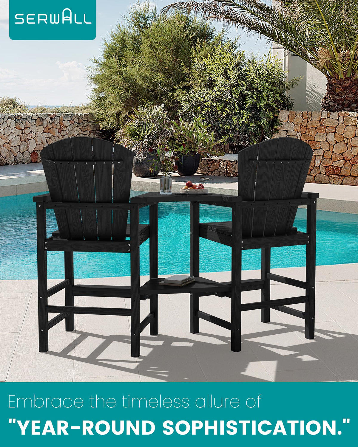 SERWALL Tall Adirondack Chairs Set of 4 with Double Layer Connecting Tray, HDPE Bar Height Outdoor Chairs, Wood-Like Adirondack Bar Stools for Patio, Balcony, Porch, Black