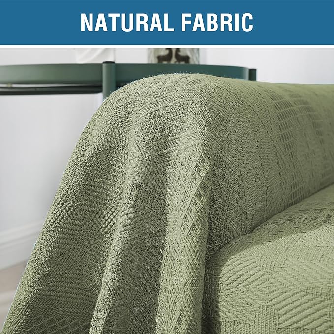 H.VERSAILTEX Cotton Sofa Covers Couch Cover Sofa Slipcover for Most Shape Sofas, Feature Thick Woven Jacquard Seamless with Tassels, Multi-Use Decorative for Couch (Large: 71" x 102", Sage)
