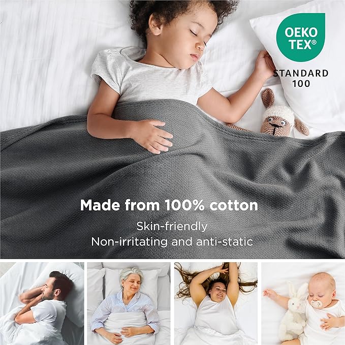 Bedsure 100% Cotton Large Throw Blanket for Couch 50x70 inches - Breathable and Lightweight, Soft Cozy Herringbone Woven Blanket for Summer Spring, Dark Grey