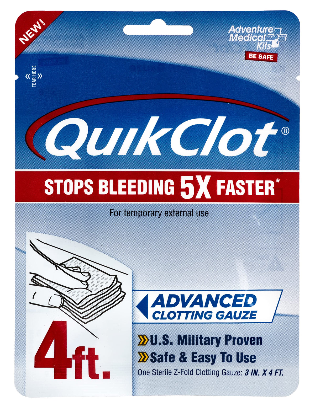 Adventure Medical Kits QuikClot Gauze - Gauze for Emergency Survival Kit, Doomsday Prepping Supplies & More - Stops Bleeding Fast with Kaolin - Flexible Hemostatic Medical Gauze - 3" x 48"