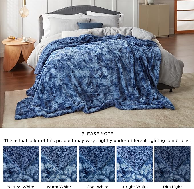 Bedsure Sherpa Blanket King Size - Soft, Fuzzy & Fluffy Faux Fur - Warm, Cozy Blanket for Couch, Sofa and Bed, Tie Dye Design, Indigo, 108x90 Inches