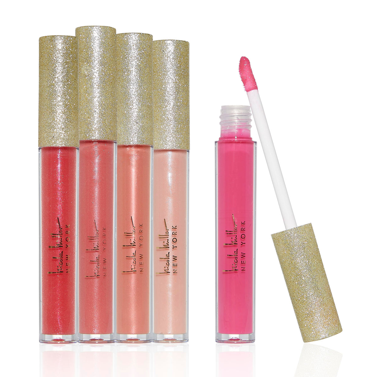 Nicole Miller Lip Gloss Collection Shimmery Glosses for Women and Girls Long Lasting Color Set with Rich Varied Colors, Navy & Gold, 5 Count (Pack of 1)