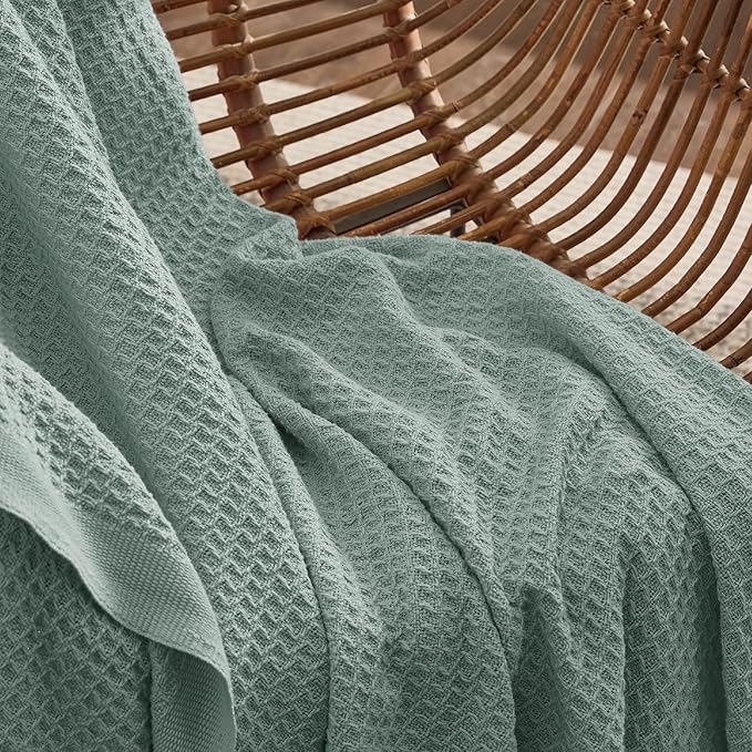 Bedsure 100% Cotton Blanket Queen Size for Bed - Breathable and Soft, Waffle Weave Blanket for Summer Spring, Sage Green, 90x90 Inches