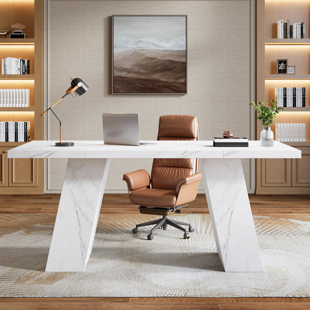 Tribesigns Modern Executive Desk, 63" Wooden Faux Marble Computer Desk with Base for Writing, White Large Simple Rectangular Workstation for Office, Conference, Meeting Room, Business Furniture & Home