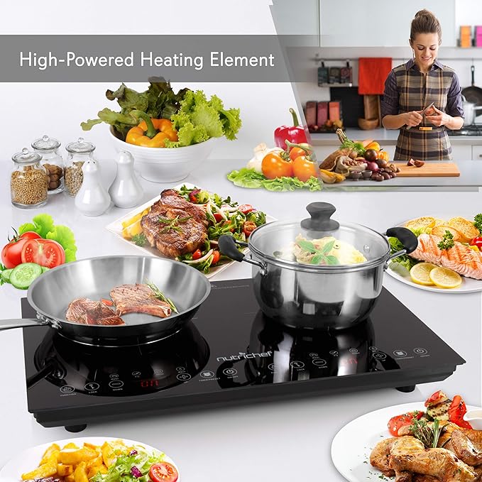 NutriChef Dual 120V Electric Induction Cooker - 1800w Portable Digital Ceramic Countertop Double Burner Cooktop w/ Kids Safety Lock - Works w/ Stainless Steel Pan / Magnetic Cookware