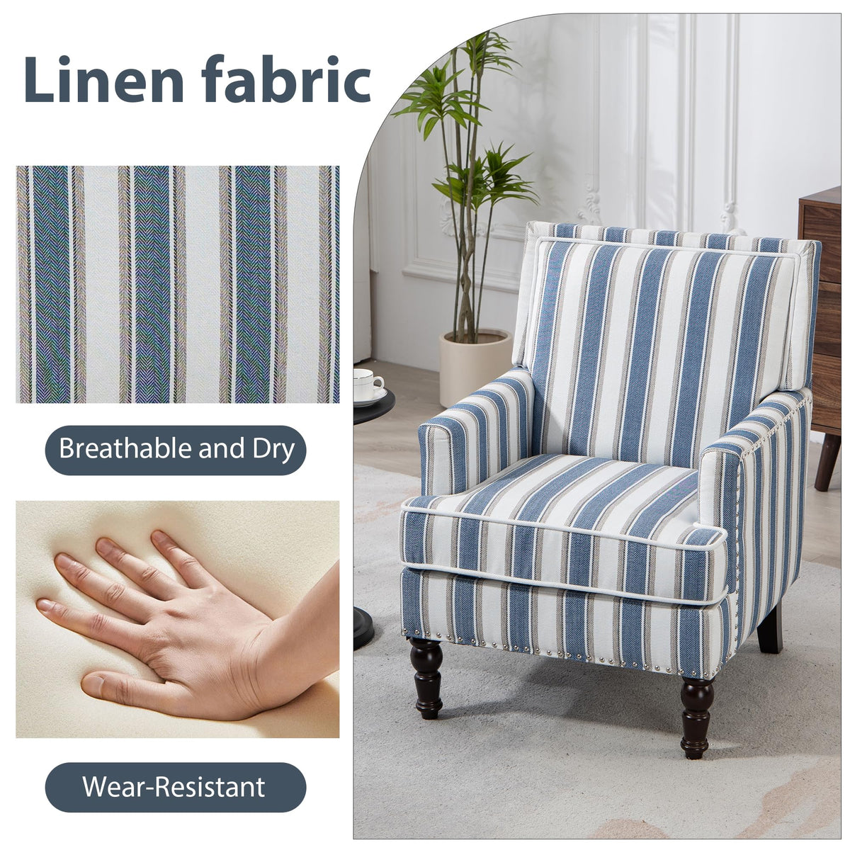 WakeZero Accent Chair, Modern Comfy Mid-Century Accent Chairs Upholstered Lounge Armchair with Solid Wood Frame for Living Room/Bedroom-Blue Stripe