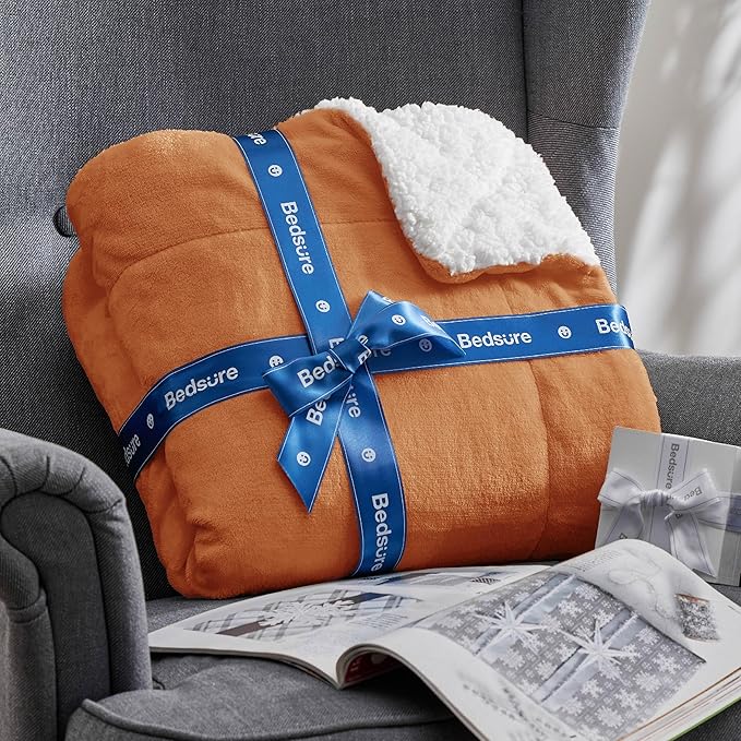 Bedsure Sherpa Fleece Blankets King Size for Bed - Thick and Warm, Soft Fuzzy Plush King Blanket for Winter, Burnt Orange, 108x90 Inches