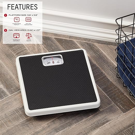 Taylor Analog Scale, Dial Scale for Body Weight, Mechanical Bathroom Scale, Highly Accurate Non-Digital Weighing Machine, Measures Weight up to 300 lb Capacity, Battery Free, FSA HSA Eligible, Black