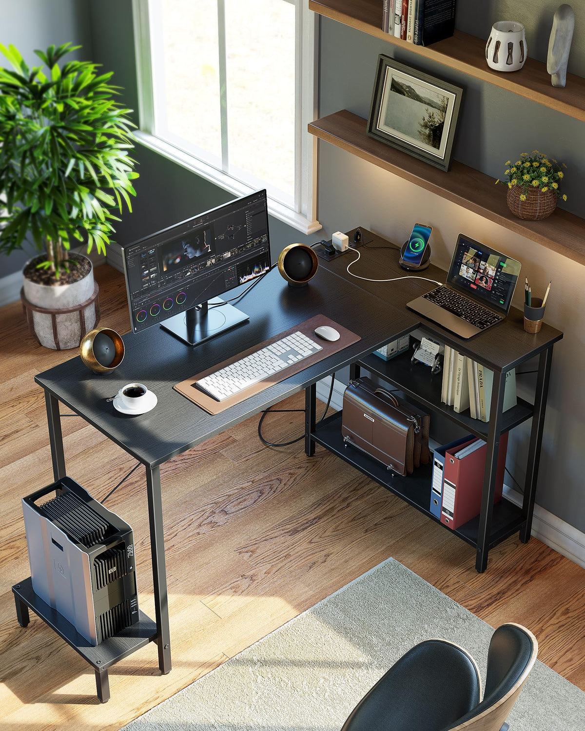 CubiCubi Small Computer Desk with Power Outlets, 40 Inch L Shaped Desk with CPU Stand & Reversible Shelves, Gaming Corner Desk Study Writing Table for Home Office Bedroom, Black