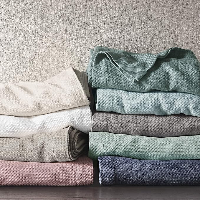 Madison Park Soft Certified 100% Egyptian Cotton Breathable Cozy Blanket, Premium Waffle Knit Classic Design, Luxury All Season Lightweight Cover for Bed, Couch and Sofa, Seafoam King(108"x90")