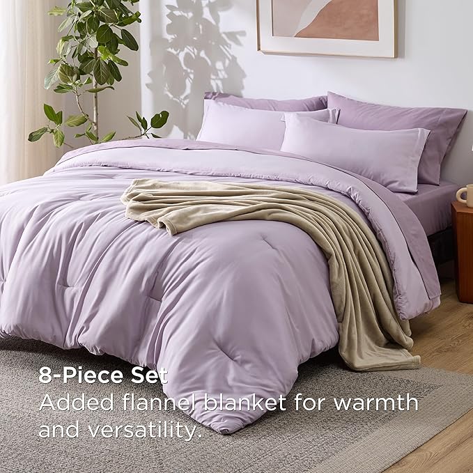 Bedsure Twin Comforter Set Grayish Purple, 6 Pieces Prewashed Twin Size Bed in a Bag with Soft Fleece Bed Blanket, Down Alternative Bedding Set for All Seasons, Sheets, Pillowcase & Sham