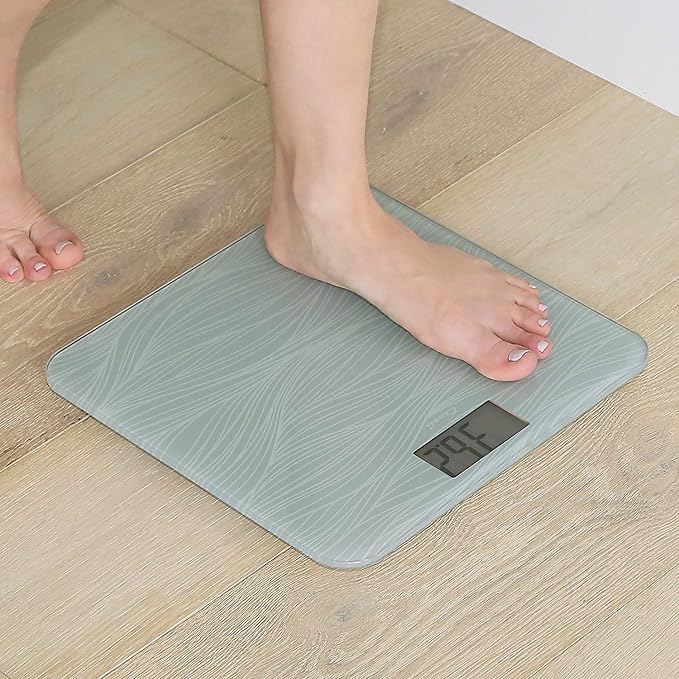 Escali Digital Glass Bath Scale for Body Weight, Bathroom Body Scale, High Capacity of 400 lb, Battery Included, Grey Waves