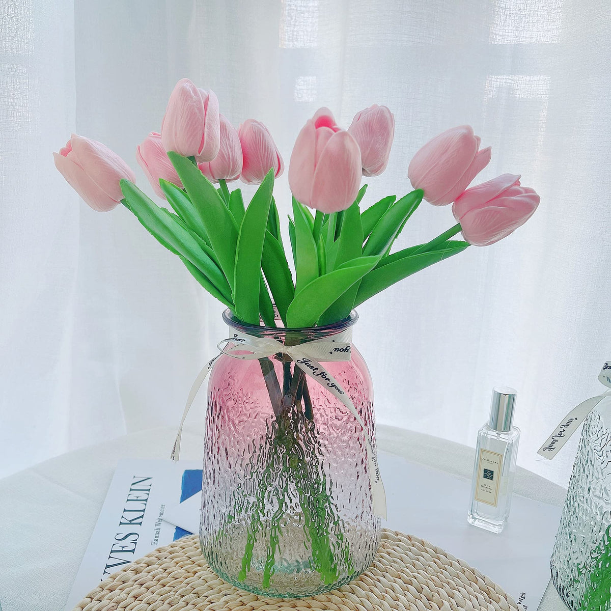 UKELER Pink Tulips Artificial Flowers Bulk 24 Pcs Fragrant Real Touch Artificial Tulip Flowers for Home Kitchen Wedding Birthday Party Decorations
