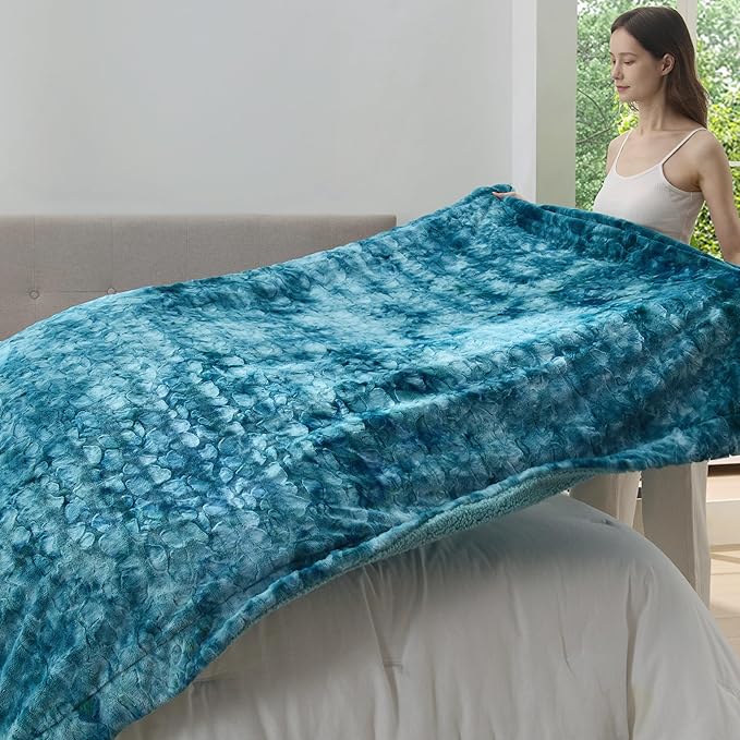 Bedsure Sherpa Blanket Queen Size - Soft, Fuzzy & Fluffy Faux Fur - Warm, Cozy Blanket for Couch, Sofa and Bed, Tie Dye Design, Teal, 90x90 Inches
