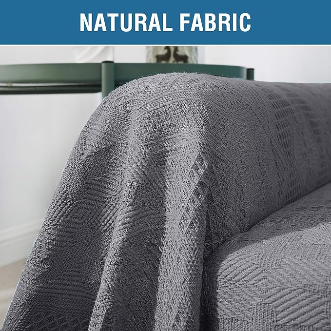 H.VERSAILTEX Cotton Sofa Covers Couch Cover Sofa Slipcover for Most Shape Sofas, Feature Thick Woven Jacquard Seamless with Tassels, Multi-Use Decorative for Couch (Medium: 71" x 91", Grey)
