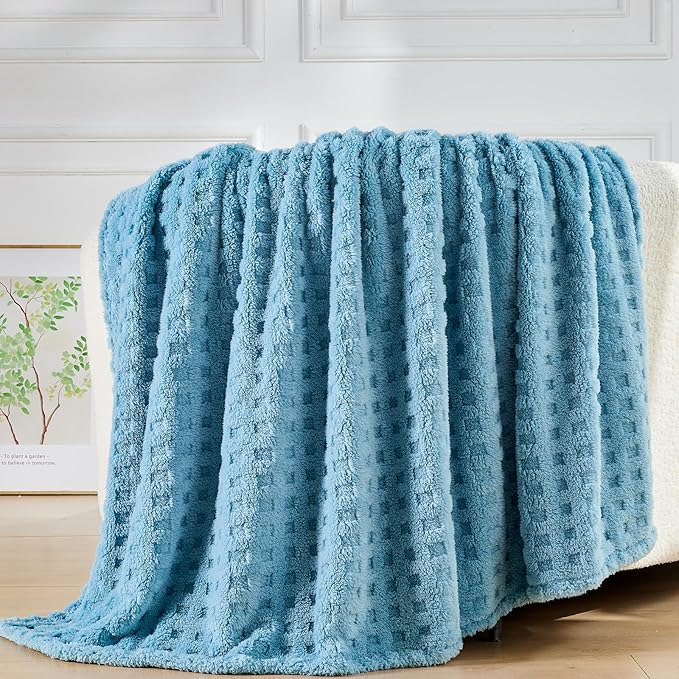 NEWCOSPLAY Super Soft Throw Blanket Blue Premium Silky Flannel Fleece 3D Waffle Checkered Lightweight Bed Blanket All Season Use (Blue, Throw(50"x70"))