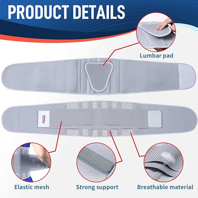 FEATOL Back Brace for Lower Back Pain Women, Breathable Back Support Belt for Women & Men with Lumbar Pad, Lumbar Support Belt for Heavy Lifting & Work, Scoliosis, Grey, 5XL (Circumference:68-74.8")