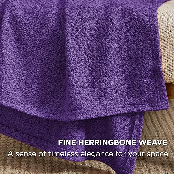 Bedsure 100% Cotton Blanket Queen Size for Bed - Breathable and Lightweight, Soft Cozy Textured Herringbone Woven Blanket for Summer Spring, Purple, 90x90 inches