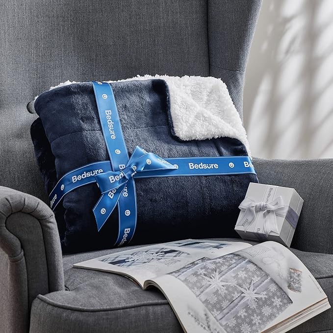 Bedsure Sherpa Fleece Throw Blanket for Couch - Thick and Warm, Soft Fuzzy Plush Throw Blanket for Winter, Navy, 50x60 Inches
