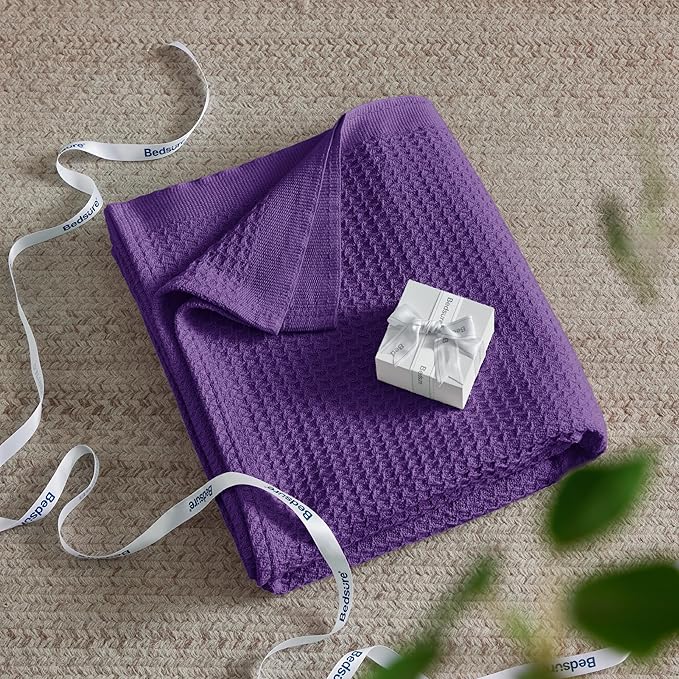 Bedsure 100% Cotton Blanket Twin XL Size for Bed - Breathable and Soft, Waffle Weave Blanket for Summer Spring, Purple, 66x90 inches