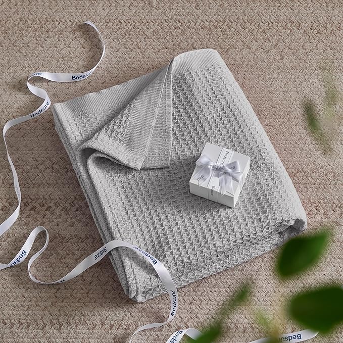 Bedsure 100% Cotton Blanket King Size for Bed - Breathable and Soft, Waffle Weave Blanket for Summer Spring, Grey, 104x90 inches