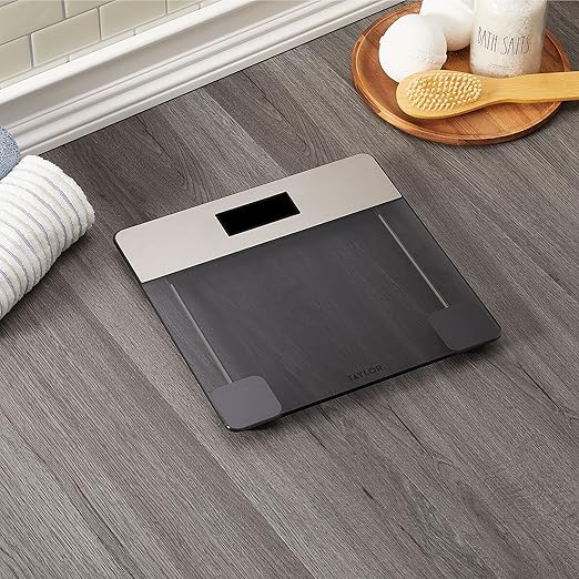 Taylor Digital Glass Bathroom Scale, Scale for Body Weight, Digital Weighing Machine for People, Tinted Glass and Brushed Stainless Steel Accents, 440 lb Capacity, Vanishing LED, Tinted, Clear