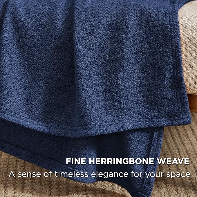 Bedsure 100% Cotton Large Throw Blanket for Couch 50x70 inches - Breathable and Lightweight, Soft Cozy Herringbone Woven Blanket for Summer Spring, Navy Blue