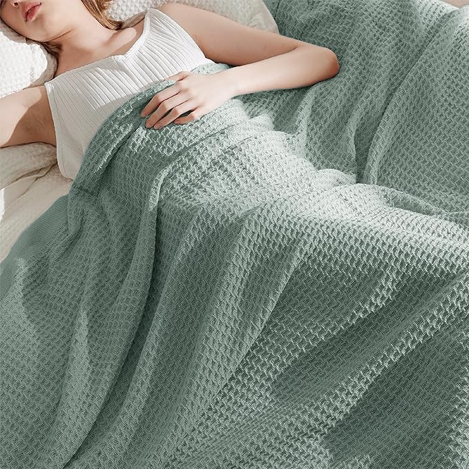 Bedsure 100% Cotton Blanket Queen Size for Bed - Breathable and Soft, Waffle Weave Blanket for Summer Spring, Sage Green, 90x90 Inches