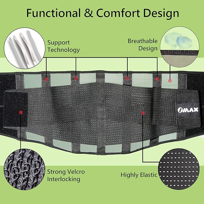 OMAX Lumbar Back Brace for Lower Back Pain, Adjustable Support Belt for Women and Men for Work, Breathable Mesh Waist Brace for Herniated Disc, Sciatica, Black, Large 39"-43"