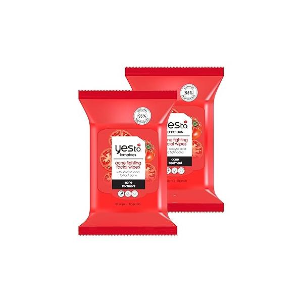 Yes To Tomatoes Clear Skin Acne Fighting Facial Wipes, Prone + Helps Control Oil Salicylic Acid 95% Natural Ingredients, 30 Count (Pack of 2)